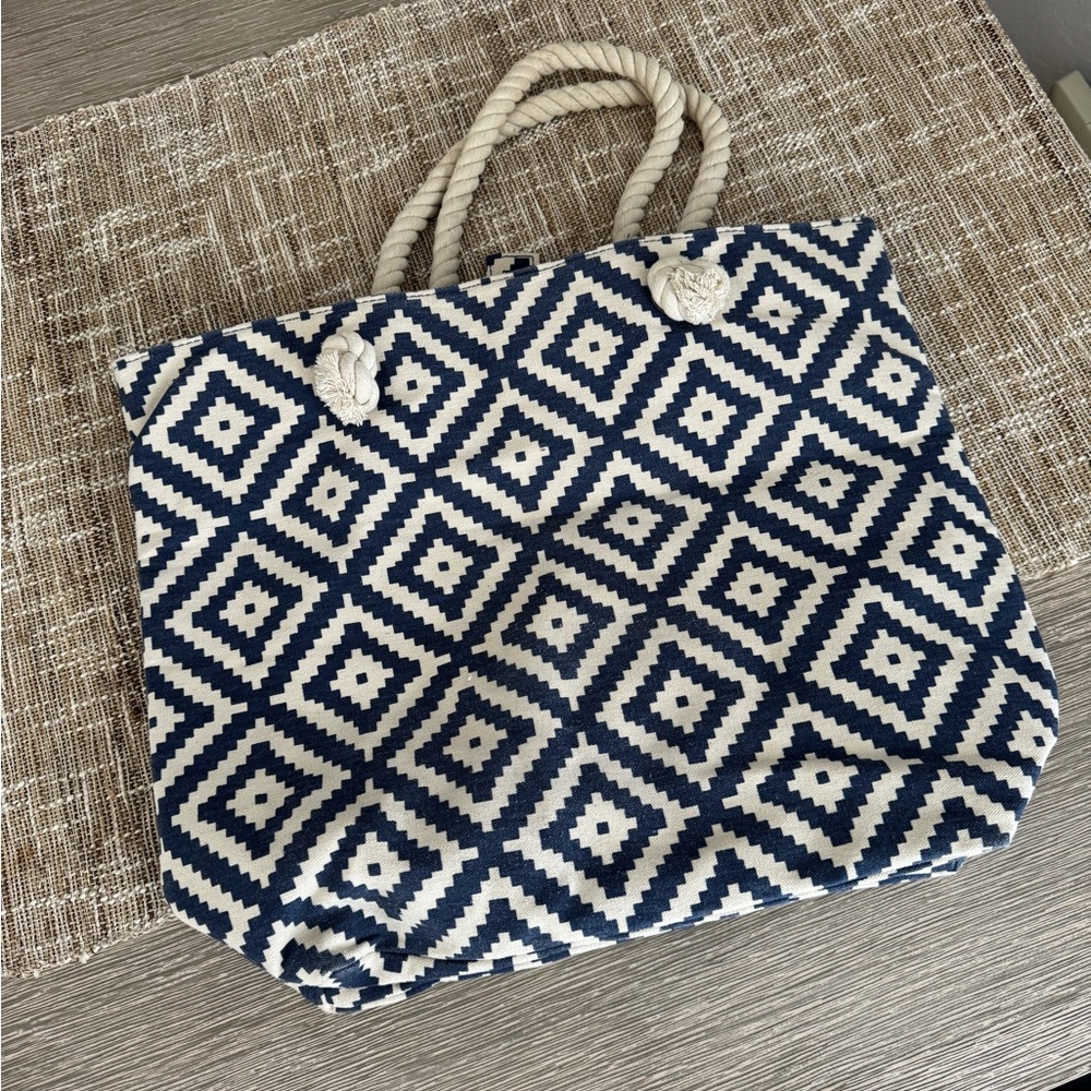 Summer & Rose Blue and White Geometric Tote Bag